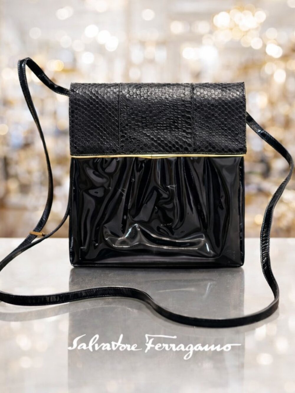 Rare Vintage Ferragamo Patent & Reptile Leather Crossbody
